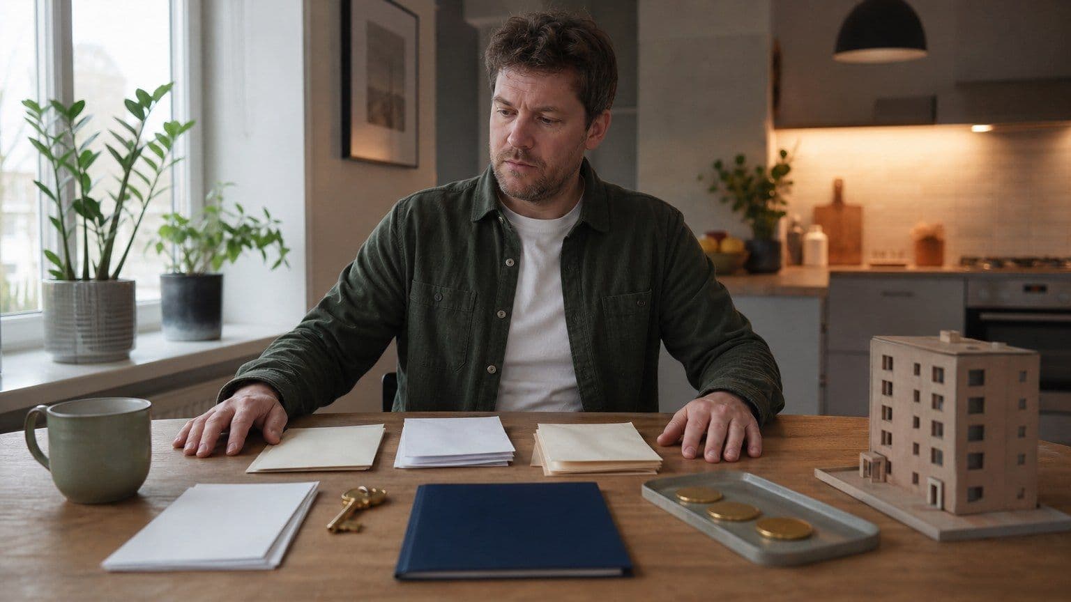 Een persoon aan de keukentafel bekijkt rustig papieren over hypotheek- en consumptieschulden.