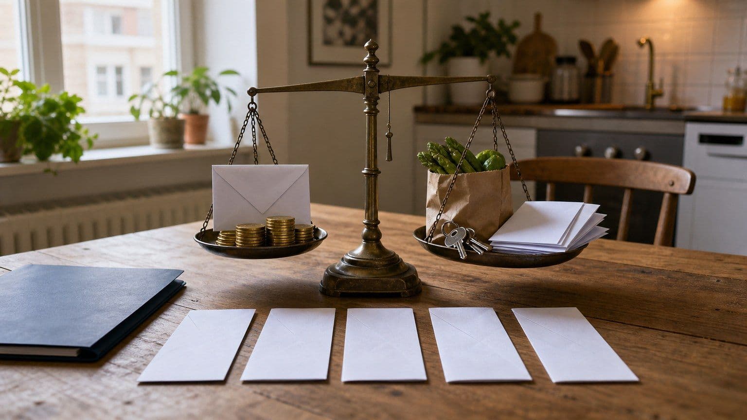 Een balansweegschaal met leenbedrag en vaste lasten op een Nederlandse keukentafel.