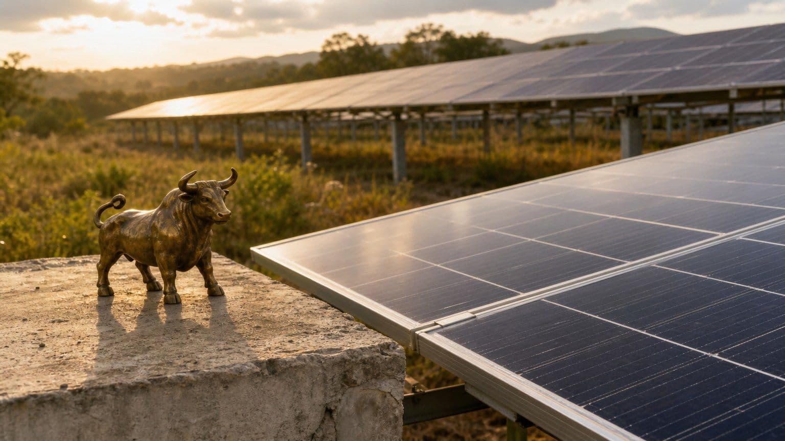 Een zonnepark met fotovoltaïsche panelen en een kleine messing stier in warm avondlicht.