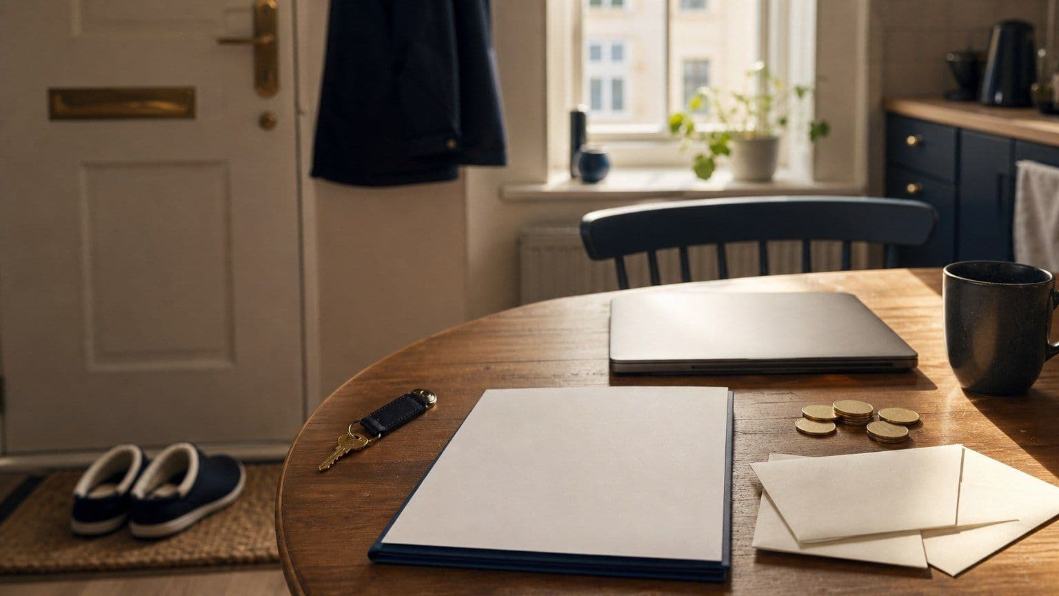 Een houten keukentafel met een blanco leenmap, enveloppen, munten en een gesloten laptop bij de voordeur.