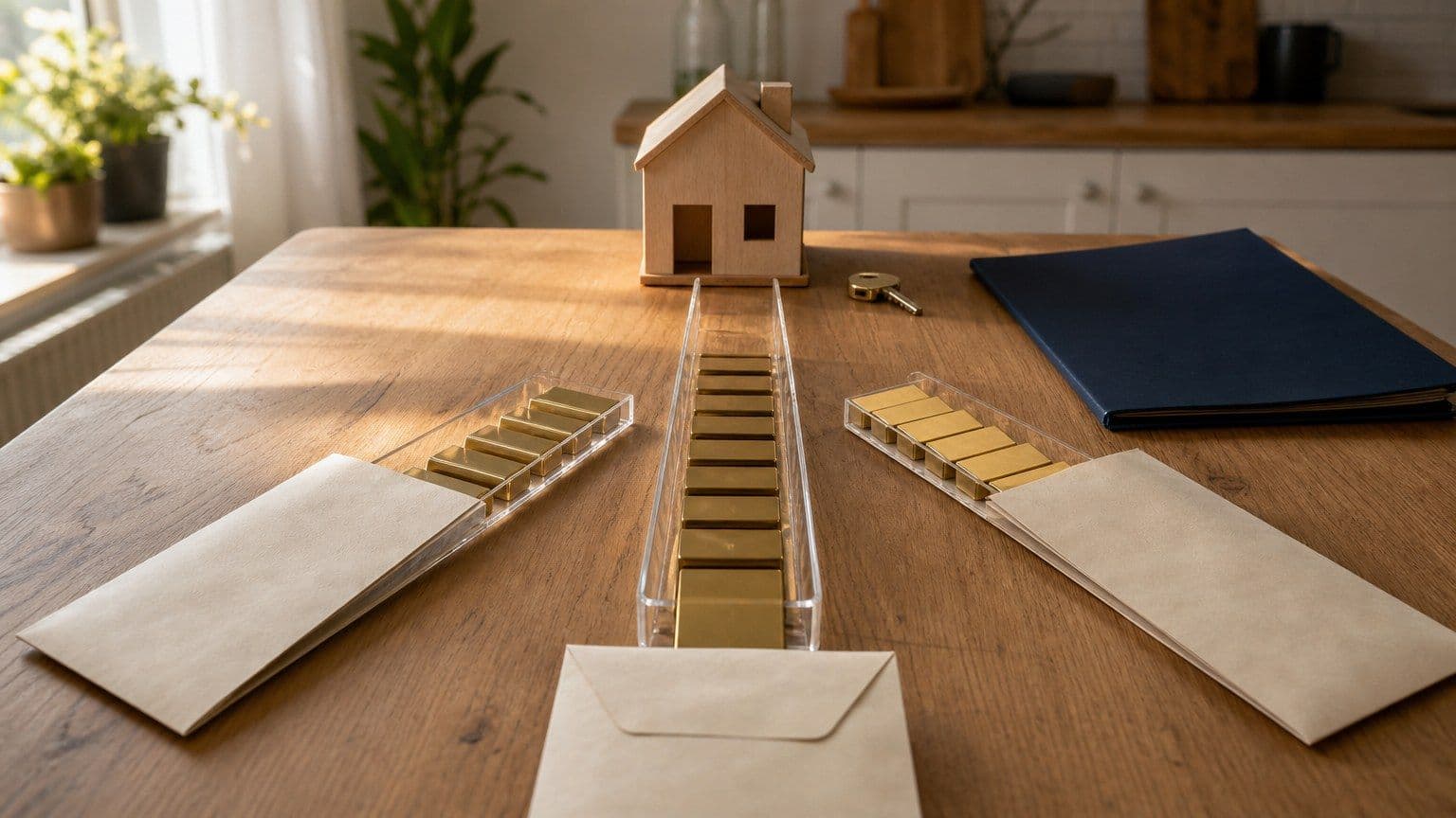 Stilleven op een Nederlandse keukentafel met een huismodel, een sleutel, blanco enveloppen en gladde messing balkjes die laten zien hoeveel hypotheek haalbaar is.