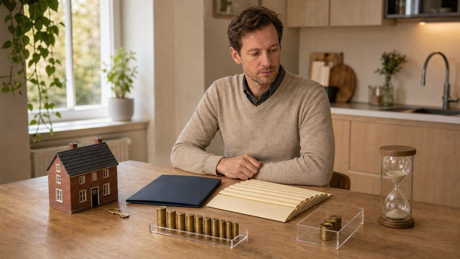 Nederlandse huiseigenaar bekijkt aan de keukentafel de hypotheeklasten, restschuld en mogelijkheden om extra af te lossen.