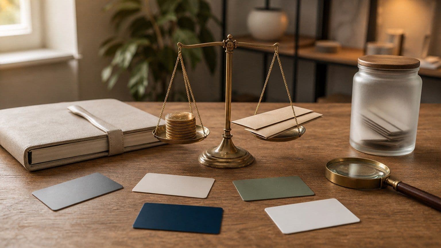 Vijf blanco betaalkaarten liggen rond een balansschaal met enveloppen en muntachtige schijven als symbool voor online creditcards vergelijken.
