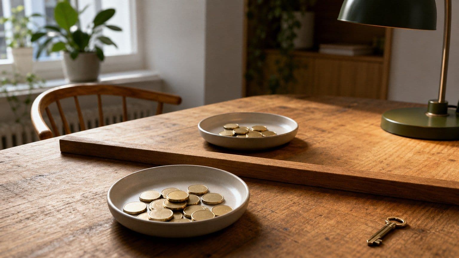 Twee schaaltjes met munten op een Nederlandse eettafel visualiseren de grens voor belastingvrij vermogen.