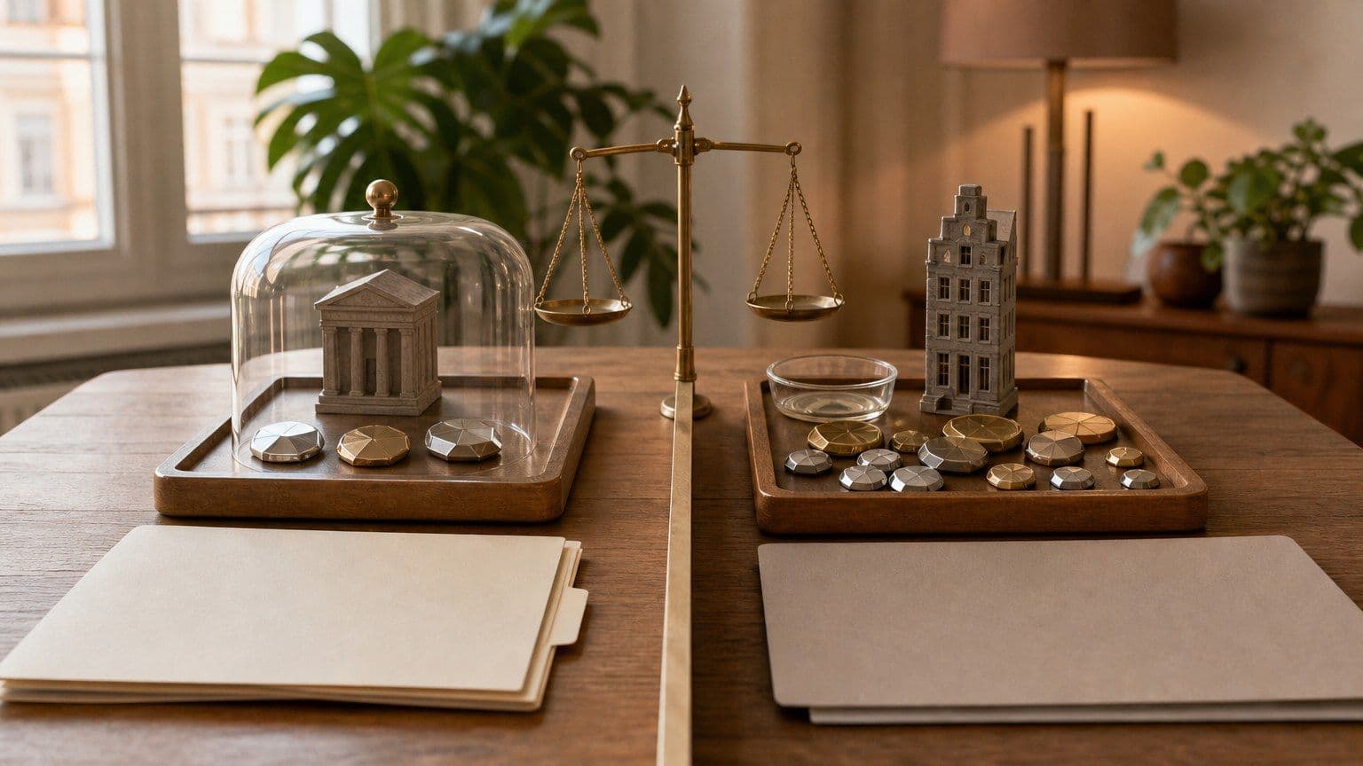Twee naamloze cryptobeursopties met metalen tokens en een balans op een houten beleggingstafel.