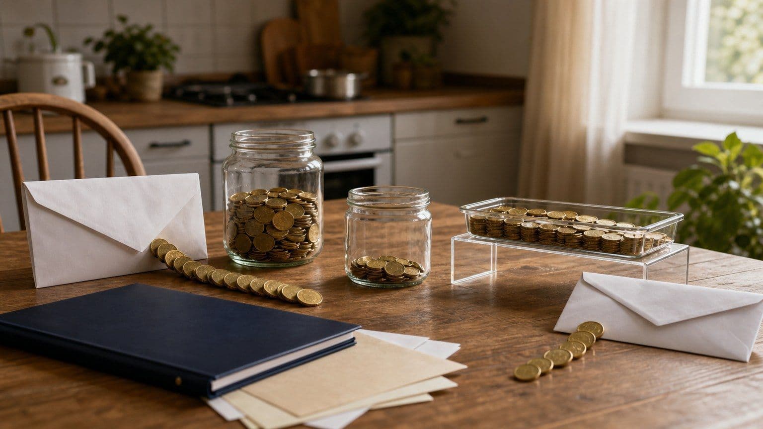 Verschillende spaarpotten en huishoudelijke enveloppen verbeelden de verdeling van Nederlands spaargeld.