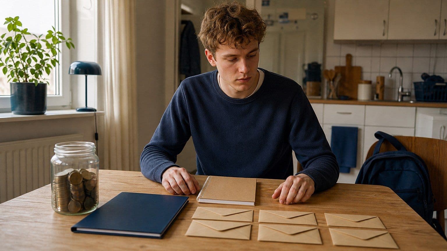 Student aan een keukentafel met lege studie-enveloppen en een map voor studielening.