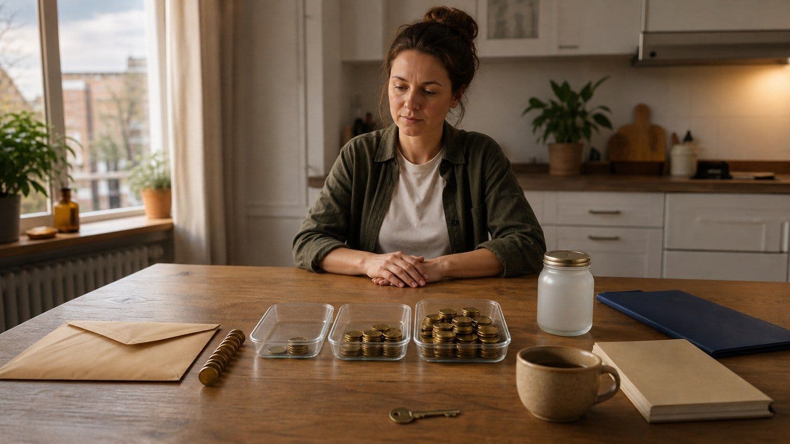Een persoon verdeelt maandelijks spaargeld over huishoudpotjes aan een Nederlandse keukentafel.