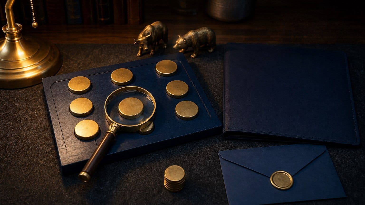 Beleggingsbureau met een portefeuillebak, brokerfolder en symbolische beleggingstokens voor beginnende aandelenbeleggers.