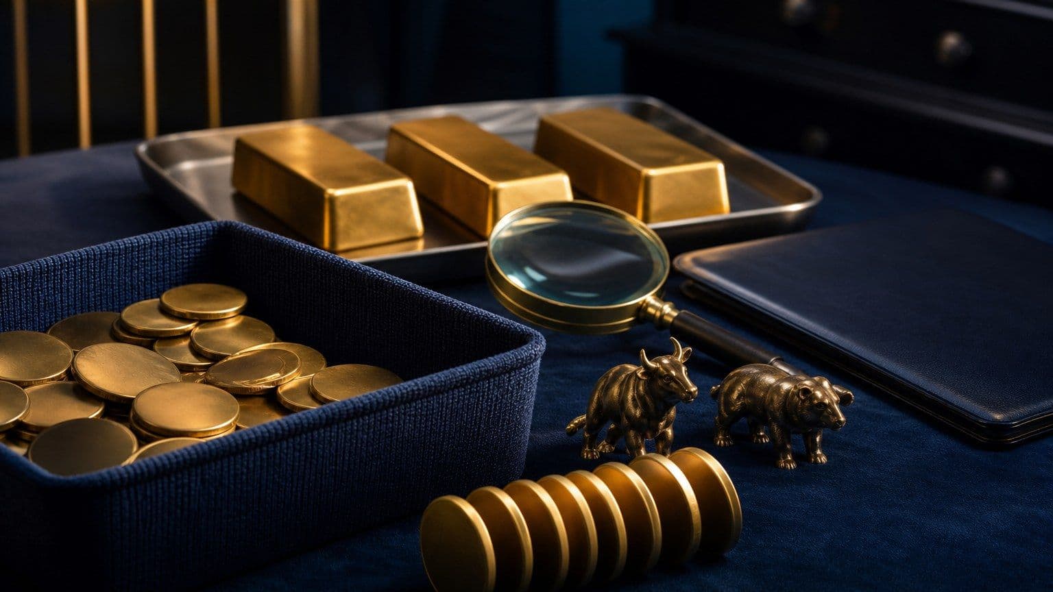 Goudbaren en een beleggingsmand op een donkere werkbank als beeld voor beleggen in goud.