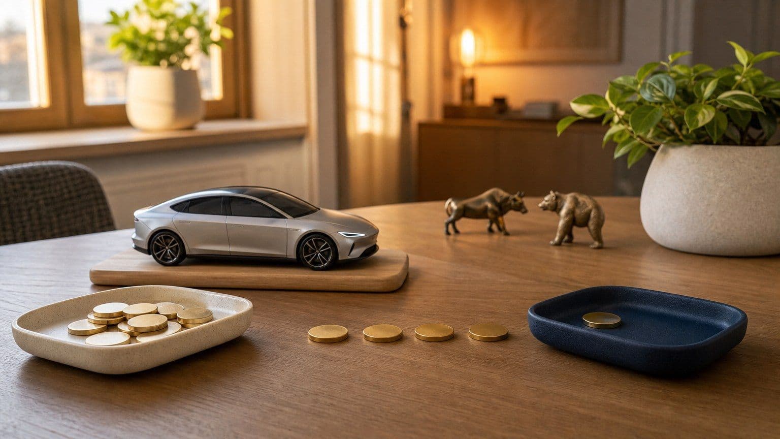 Een zilverkleurige elektrische auto staat op een beleggingstafel tussen neutrale investeringstrays.