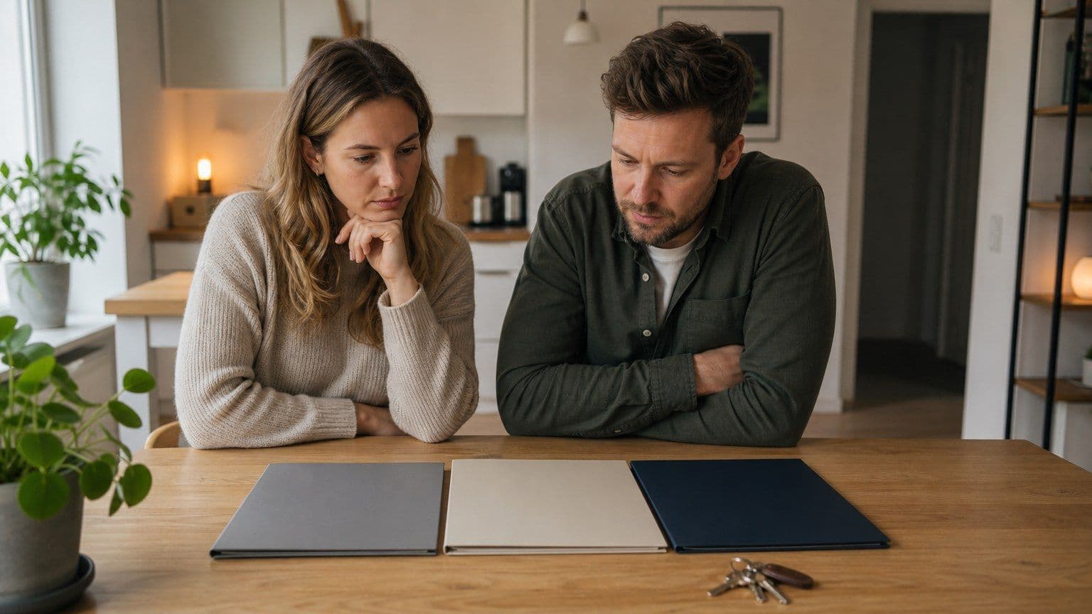 Twee mensen vergelijken drie blanco hypotheekmappen aan een keukentafel met huissleutels erbij.