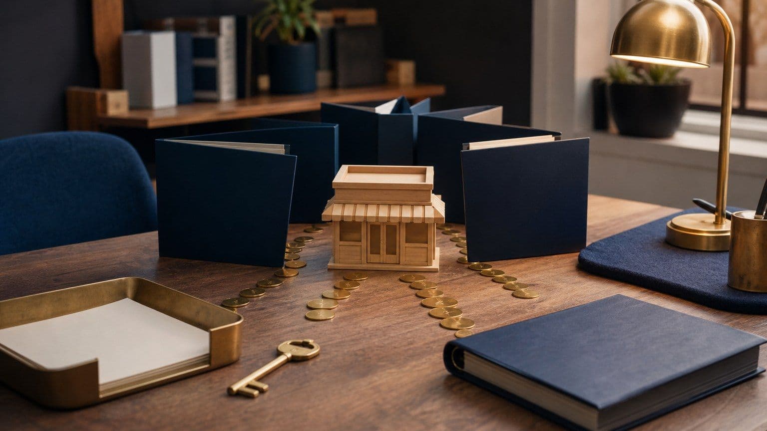 Een houten winkelmodel tussen lege financieringsmappen en muntstromen op een zakelijke werktafel.