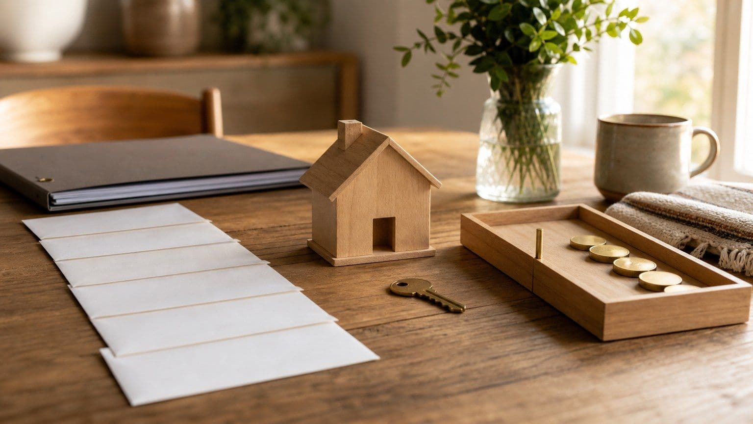 Een houten tafel met een huismodel, hypotheekmap en betalingsoverzichten voor het beheren van een hypotheek.