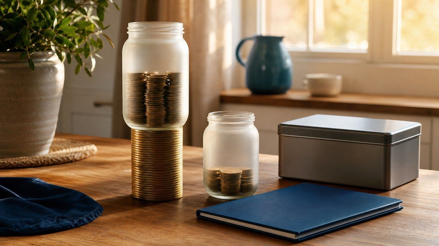 Twee spaarpotten op een keukentafel tonen het verschil tussen lagere en hogere spaarrente.